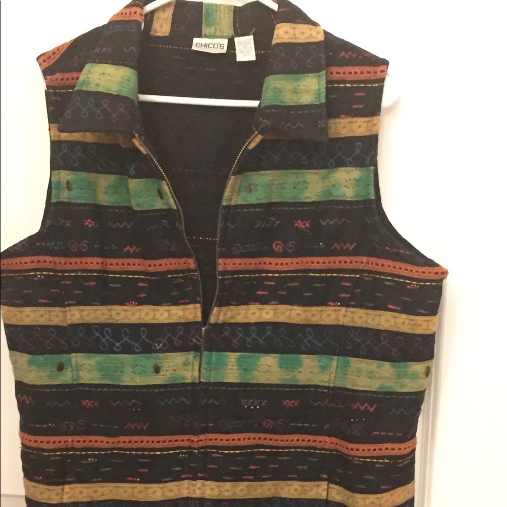 Chico’s zippered vest - black with multi color embroidered pattern